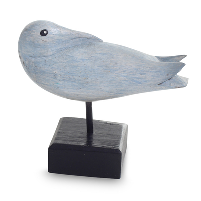 Wood statuette, 'Camar Perak' - Fair Trade Handcrafted Wooden Bird Sculpture on Stand