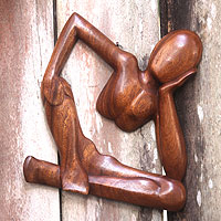 Handmade Brown Wood Wall Sculpture of Relaxed Figure,'Relaxing Artisan'