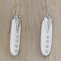 Bone and sterling silver drop earrings, 'Peapods' - Handcrafted Carved Bone and Sterling Silver Drop Earrings