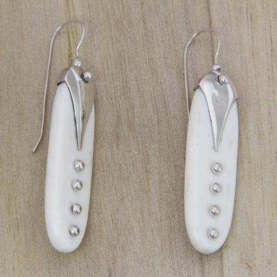 Bone and sterling silver drop earrings, 'Peapods' - Handcrafted Carved Bone and Sterling Silver Drop Earrings