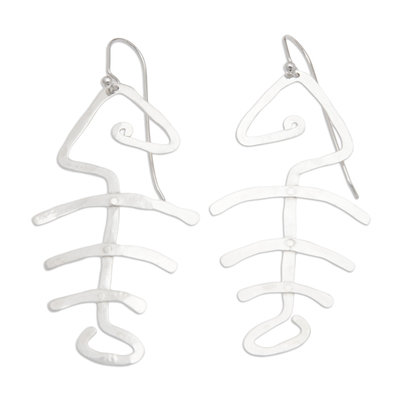 Sterling silver dangle earrings, 'Bone Fish Bone' - Hand Hammered Sterling Silver Fish Bone Earrings
