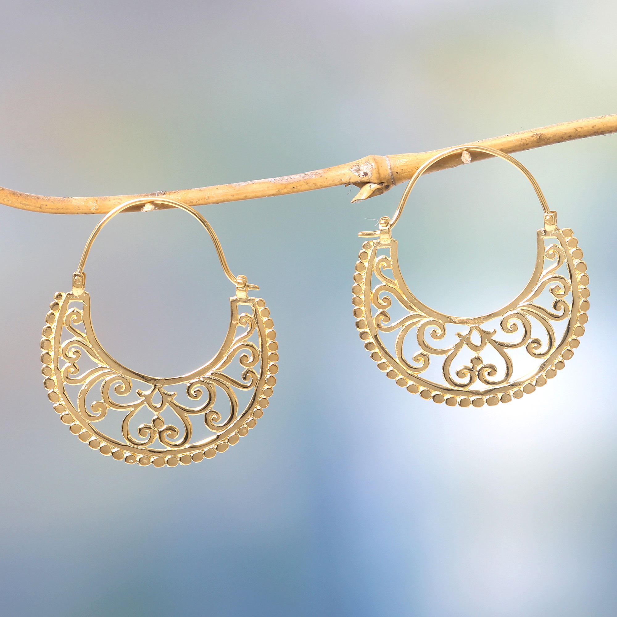 Unique Hoop Earrings in 22k Gold Vermeil from Bali - Moonlit Garden | NOVICA