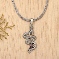 Men's sterling silver pendant necklace, 'Young Dragon' - Men's Dragon Pendant Necklace in Sterling Silver and Garnet