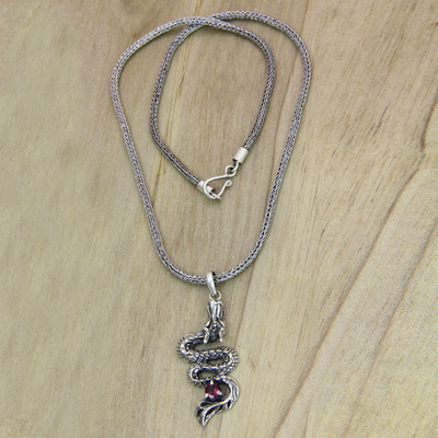 Men's sterling silver pendant necklace, 'Young Dragon' - Men's Dragon Pendant Necklace in Sterling Silver and Garnet
