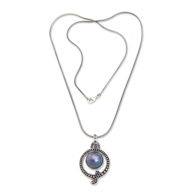 Cultured pearl pendant necklace, 'Angel Halo in Blue' - Blue Mabe Pearl and Sterling Silver Pendant Necklace