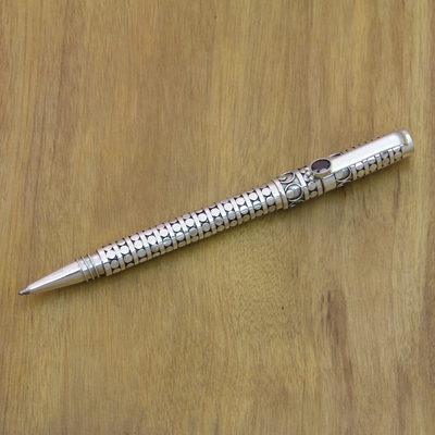 Sterling silver and garnet ballpoint pen, 'Polka Dot' - Handcrafted Ballpoint Pen in Sterling Silver with Garnet
