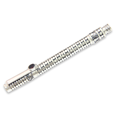 Sterling silver and garnet ballpoint pen, 'Polka Dot' - Handcrafted Ballpoint Pen in Sterling Silver with Garnet