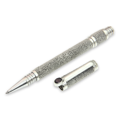 Sterling silver and garnet ballpoint pen, 'Sand and Sea' - Handmade Sterling Silver 925 and Garnet Ballpoint Pen