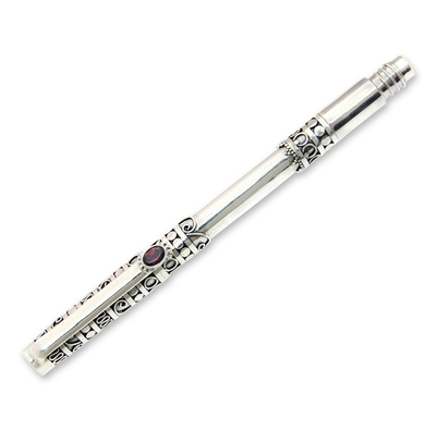 Sterling silver and garnet ballpoint pen, 'Pillar of Tradition' - Ornate Silver Ballpoint Pen with Garnet Accent from Bali