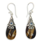 Tiger's eye and rainbow moonstone earrings, 'Sunset Aurora' - Fair Trade Tiger's Eye and Rainbow Moonstone Earrings