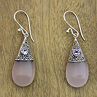 Rose quartz and amethyst dangle earrings, 'Bali Snowcap' - Handmade Rose Quartz and Amethyst Dangle Earrings