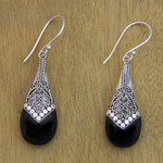 Onyx dangle earrings, 'Puncak Jaya in Black' - Ornate Silver 925 and Onyx Dangle Earrings from Bali