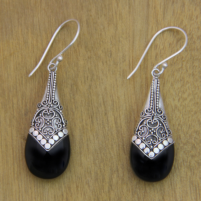 Onyx dangle earrings, 'Puncak Jaya in Black' - Ornate Silver 925 and Onyx Dangle Earrings from Bali