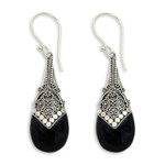 Onyx dangle earrings, 'Puncak Jaya in Black' - Ornate Silver 925 and Onyx Dangle Earrings from Bali