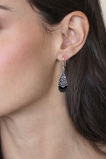 Onyx dangle earrings, 'Puncak Jaya in Black' - Ornate Silver 925 and Onyx Dangle Earrings from Bali