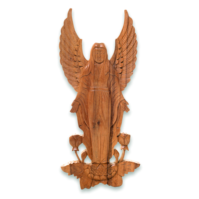 Wood relief panel, 'Angelic Blessings' - Artisan Hand Carved Wood Angel Motif Wall Relief Panel