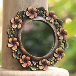 Round Floral Wall Mirror Hand Carved from Wood - Plumeria Garland