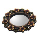 Wood wall mirror, 'Plumeria Garland' - Round Floral Wall Mirror Hand Carved from Wood