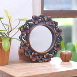 Wood wall mirror, 'Plumeria Garland' - Round Floral Wall Mirror Hand Carved from Wood
