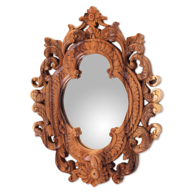 Wood wall mirror, 'Mataram Rococo' - Hand Carved Ornate Suar Wood Mirror with Natural Grain and F