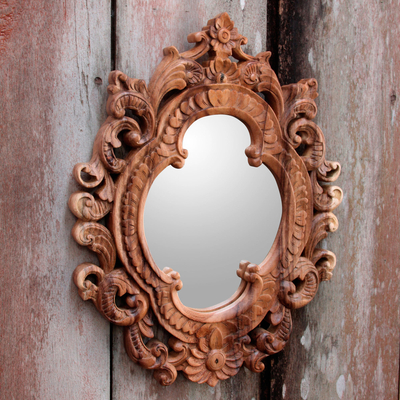 Espejo de pared de madera - Espejo de madera tallada estilo rococó adornado de Bali Artisan