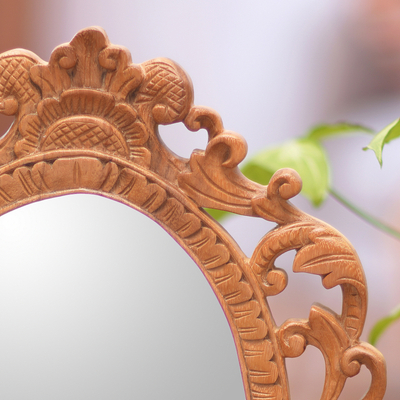 Wood wall mirror, 'Keraton Rococo' - Wood Rococo-Style Wall Mirror with Natural Finish