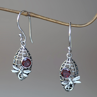 Garnet dangle earrings, 'Kintamani Dragonfly in Crimson' - Silver Dragonfly Earrings with 1 Carat Garnet Accents