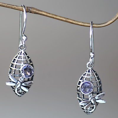 Amethyst dangle earrings, 'Kintamani Dragonfly in Lilac' - Amethyst and Silver Dangle Earrings with Dragonfly Motif
