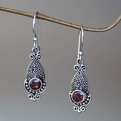 Garnet dangle earrings, 'Crimson Cephalopod' - Unique Squid Shaped Sterling Silver Earrings with Garnets