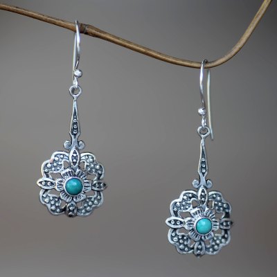 Sterling silver dangle earrings, 'Turquoise Rafflesia' - Handmade Sterling Silver and Turquoise Dangle Earrings