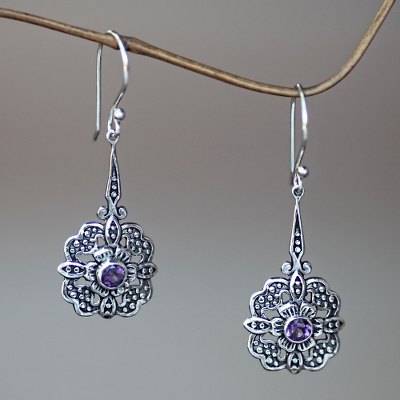 Sterling silver dangle earrings, 'Purple Rafflesia' - Amethyst-Centered Flower Earrings Handmade in Bali