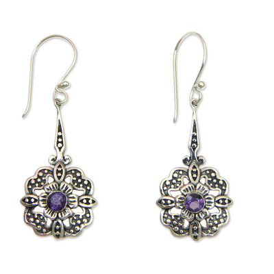 Sterling silver dangle earrings, 'Purple Rafflesia' - Amethyst-Centered Flower Earrings Handmade in Bali