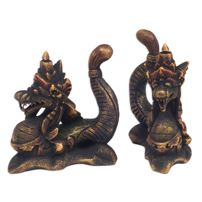 Wood statuettes, 'Twin Dragons' (pair) - Handmade Carved Wooden Dragon Statuettes (pair)