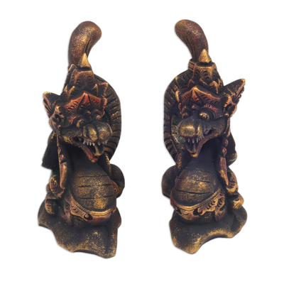 Wood statuettes, 'Twin Dragons' (pair) - Handmade Carved Wooden Dragon Statuettes (pair)