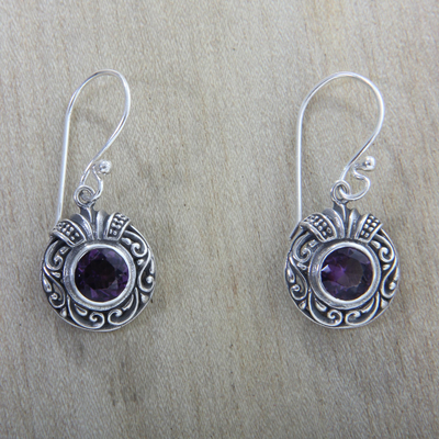 Amethyst dangle earrings, 'Lilac Ladybug' - Round Silver and Amethyst Dangle Style Earrings