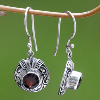 Garnet dangle earrings, 'Scarlet Ladybug' - Fair Trade Sterling Silver and Garnet Dangle Earrings