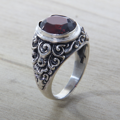 Garnet cocktail ring, 'Kuta Sunset' - Balinese Handcrafted Garnet and 925 Silver Cocktail Ring