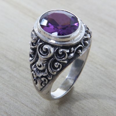 Amethyst cocktail ring, 'Kuta Twilight' - Ornate Women's Cocktail Ring in 925 Silver with Amethyst