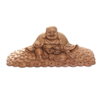 Holzstatuette - Sitzende Buddha-Statuette aus Akazienholz, handgeschnitzt