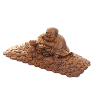Wood statuette, 'Buddha of Happiness III' - Acacia Wood Sitting Buddha Statuette Hand Carved