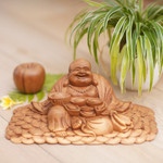 Wood statuette, 'Buddha of Happiness III' - Acacia Wood Sitting Buddha Statuette Hand Carved