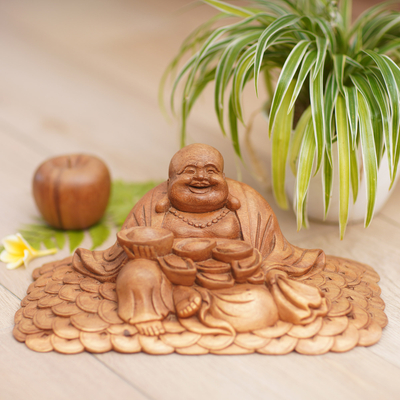 Wood statuette, 'Buddha of Happiness III' - Acacia Wood Sitting Buddha Statuette Hand Carved