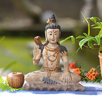 Wood sculpture, Shiva Blessings' - Hand Carved Antiqued Hindu Deity Wood Sculpture