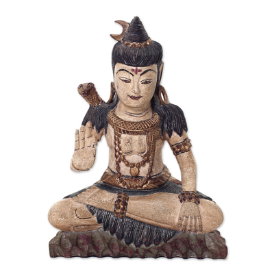 Hand Carved Antiqued Hindu Deity Wood Sculpture