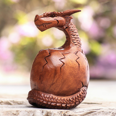 Escultura de madera - Escultura de dragón balinés de madera de suar tallada a mano