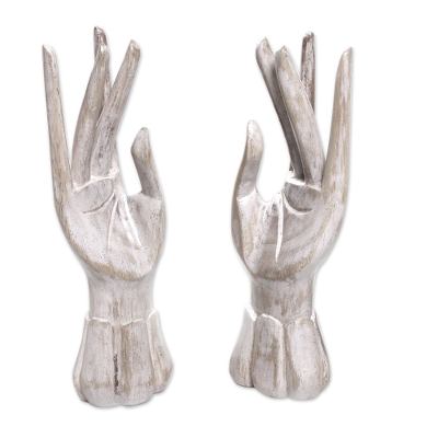 Wood jewelry holder, 'Fairy Hands' (pair) - White Ring Holder Hands Hand Carved of Wood (Pair)