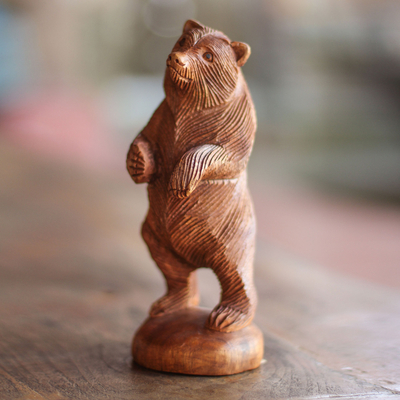 Wood statuette, 'Inquisitive Brown Bear' - Hand Carved Wood Statuette of Standing Brown Bear