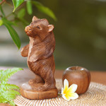 Wood statuette, 'Inquisitive Brown Bear' - Hand Carved Wood Statuette of Standing Brown Bear