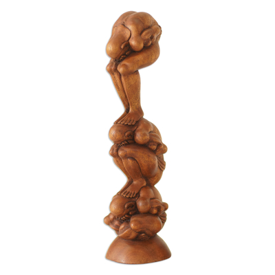 Wood statuette, 'Three Level Yogi' - Wood statuette