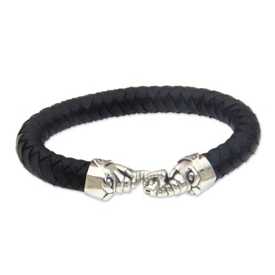 Men S Braided Black Leather And Silver Mammoth Bracelet Mammoth
